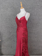 Classic Burgundy Mermaid Spaghetti Strap V-Neck Embroidered Satin Long Formal Prom Dress