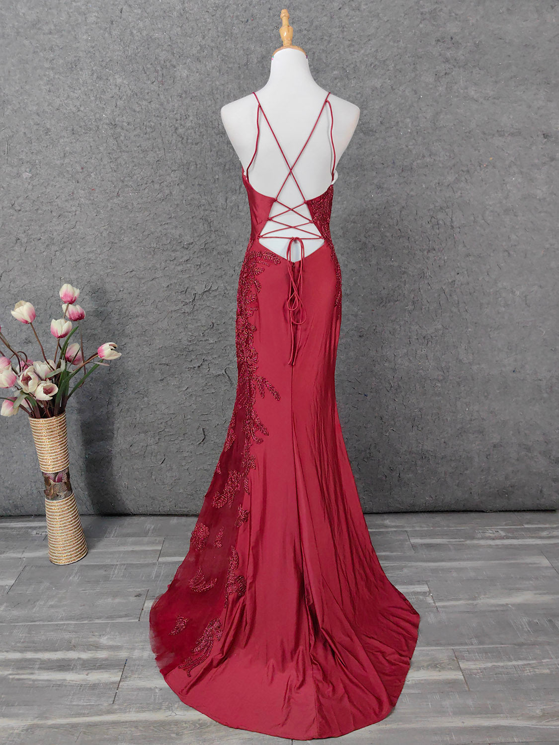 Classic Burgundy Mermaid Spaghetti Strap V-Neck Embroidered Satin Long Formal Prom Dress