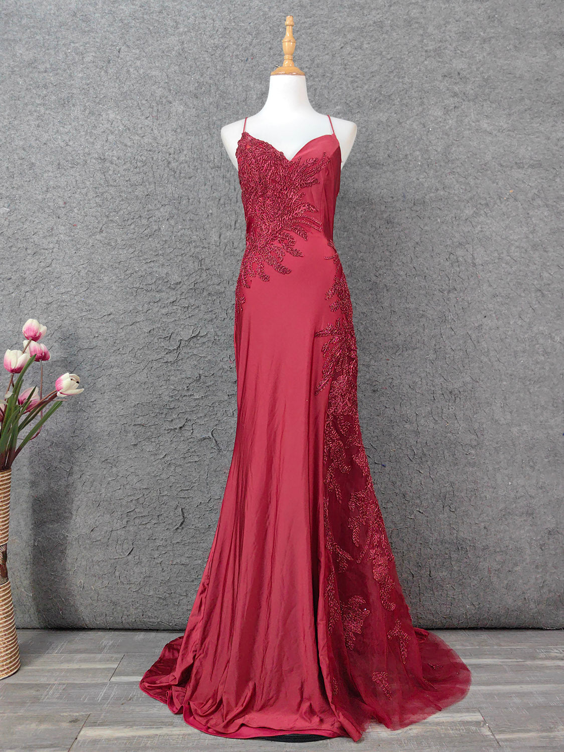 Classic Burgundy Mermaid Spaghetti Strap V-Neck Embroidered Satin Long Formal Prom Dress Main image