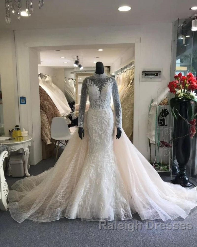Classic Collar Long Sleeves Floral Pattern Mermaid Wedding Dresses Detachable Sweep Train Secondary image