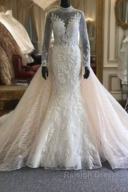 Classic Collar Long Sleeves Floral Pattern Mermaid Wedding Dress Detachable Sweep Train