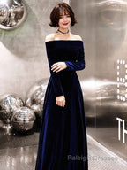 Classic Evening Dresses Velvet Long Sleeve Off Shoulder Maxi Dresses