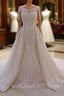 Classic Jewel Long Sleevess Tulle Lace Sparkle Ivory Wedding Dress