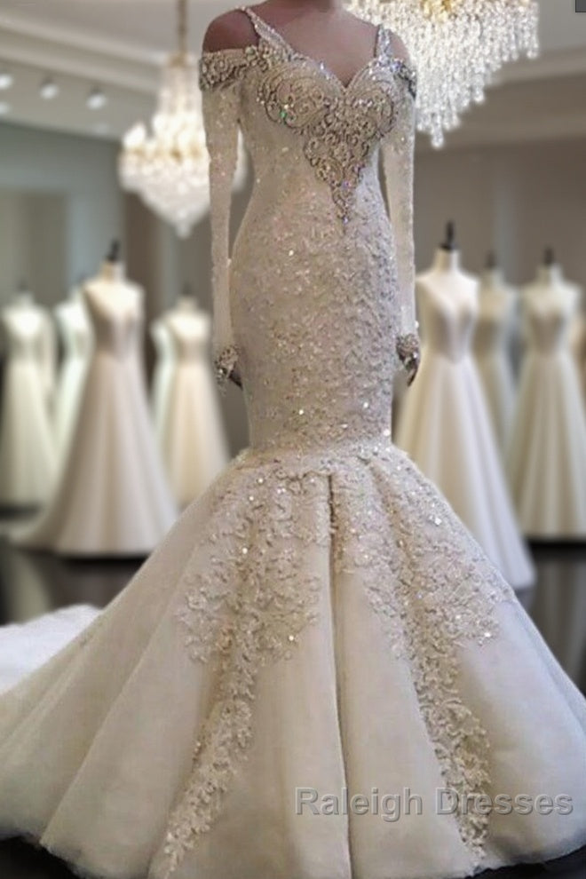 Classic Mermaid Long Sleeves Bridal Gowns Lace Wedding Dresses with Sleeves