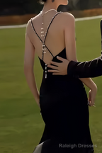 Classic Mermaid Spaghetti Straps Black Satin Prom Dresses Long Prom Dress