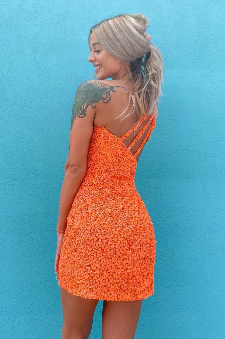 Classic One Shoulder Sleeveless Sequins Tight Prom Homecoming Dresses