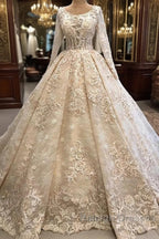Classic Scoop Long Sleevess Appliques Ball Gown Wedding Dresses