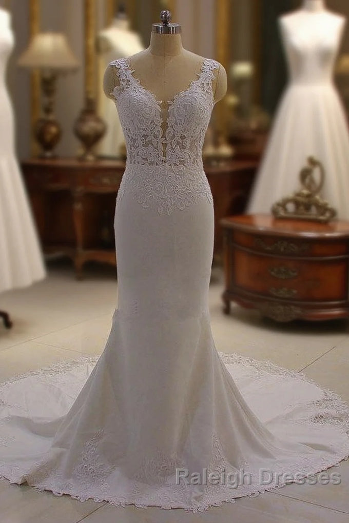 Classic Sleeveless Lace V neck Column White Court Train Wedding Dress Main image