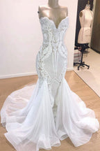 Classic Sparkle Mermaid White Wedding Dress Sweetheart Bridal Gowns With Chapel Train