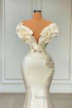 Classic White Mermaid V-Neck Satin Pearl Ruffle Prom Dresses Long Elegant Prom Dresses
