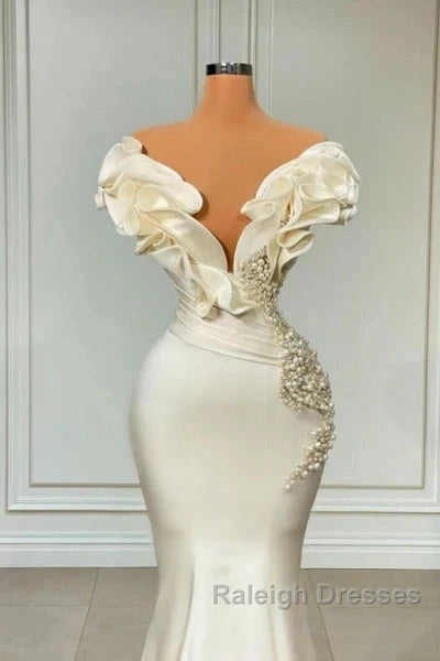 Classic White Mermaid V-Neck Satin Pearl Ruffle Prom Dresses Long Elegant Prom Dresses