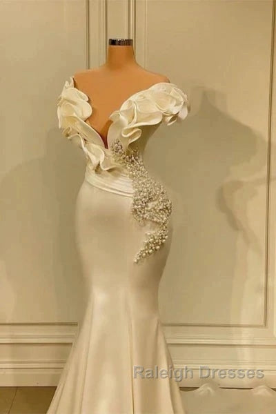 Classic White Mermaid V-Neck Satin Pearl Ruffle Prom Dresses Long Elegant Prom Dresses