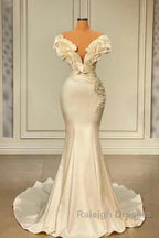 Classic White Mermaid V-Neck Satin Pearl Ruffle Prom Dresses Long Elegant Prom Dresses