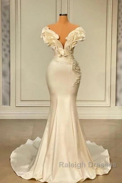 Classic White Mermaid V-Neck Satin Pearl Ruffle Prom Dresses Long Elegant Prom Dresses