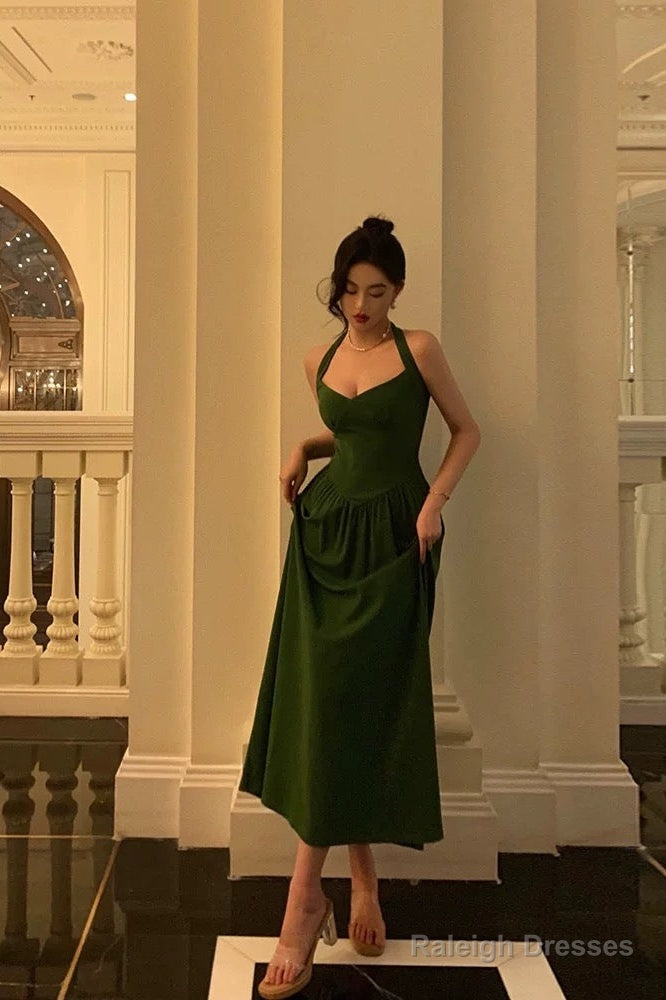Classy A Line Halter Dark Green Prom Dresses Birthday Outfits Evening Gown