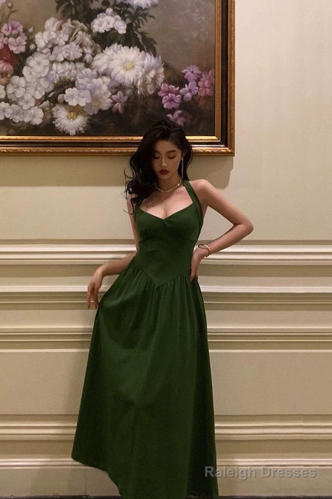 Classy A Line Halter Dark Green Prom Dresses Birthday Outfits Evening Gown