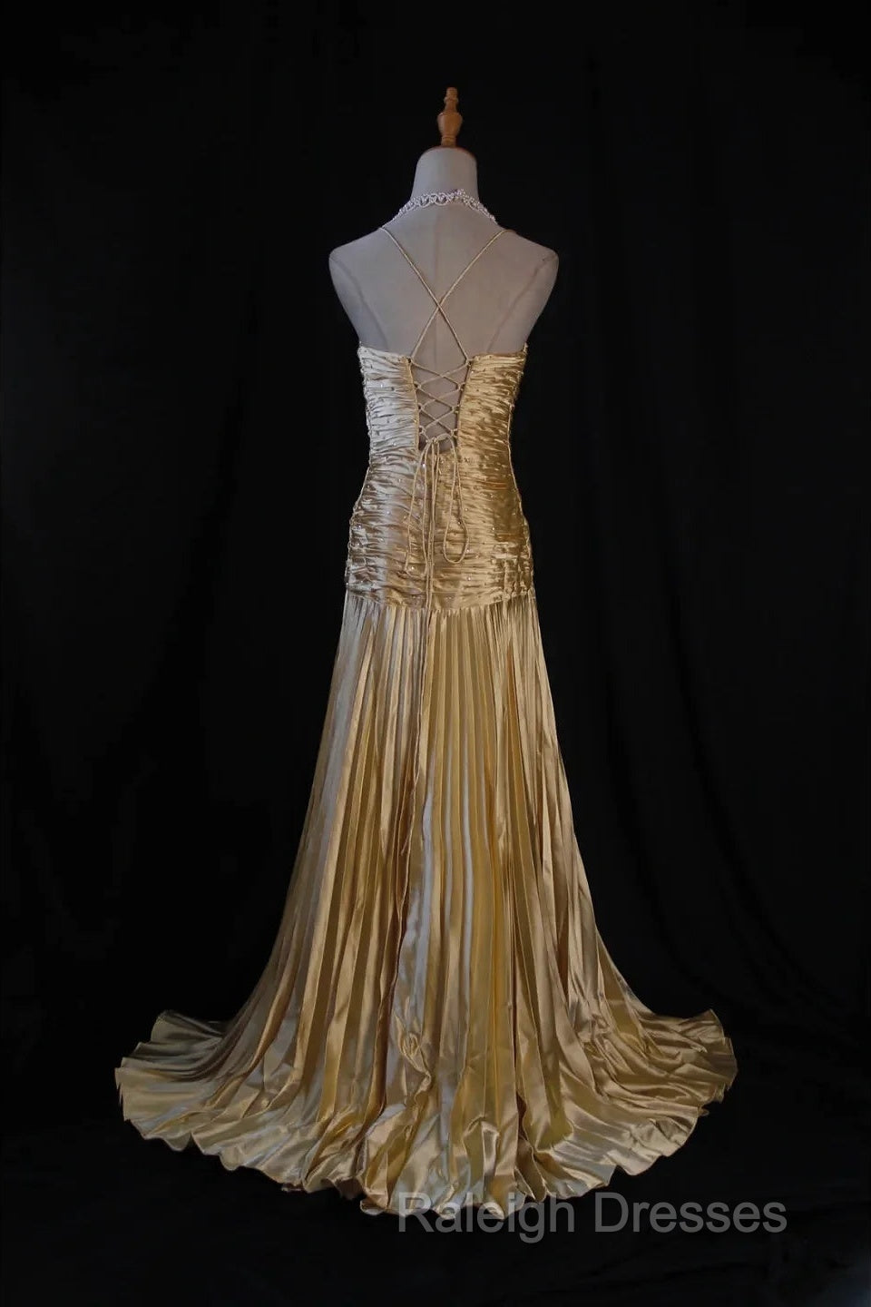 Classy A Line Halter Gold Satin Beads Long Evening Dress Prom Dresses Secondary image