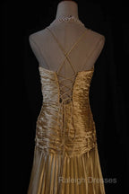 Classy A Line Halter Gold Satin Beads Long Evening Dress Prom Dresses