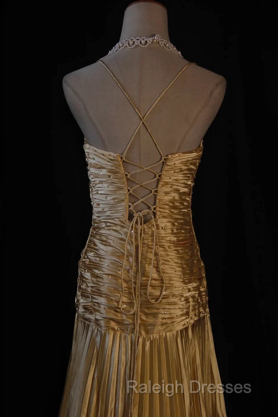 Classy A Line Halter Gold Satin Beads Long Evening Dress Prom Dresses