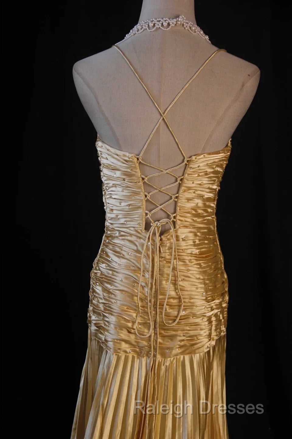 Classy A Line Halter Gold Satin Beads Long Evening Dress Prom Dresses