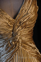 Classy A Line Halter Gold Satin Beads Long Evening Dress Prom Dresses