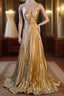 Classy A Line Halter Gold Satin Beads Long Evening Dress Prom Dresses