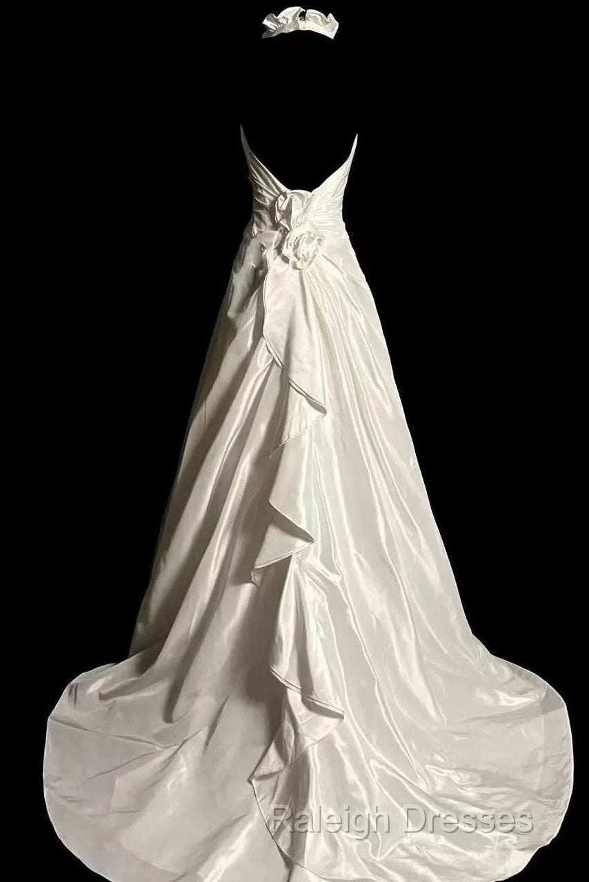 Classy A Line Halter Satin Ivory Long Wedding Dress Bridal Dresses