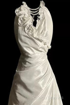 Classy A-Line Halter Satin Ivory Long Wedding Dresses Bridal Dress