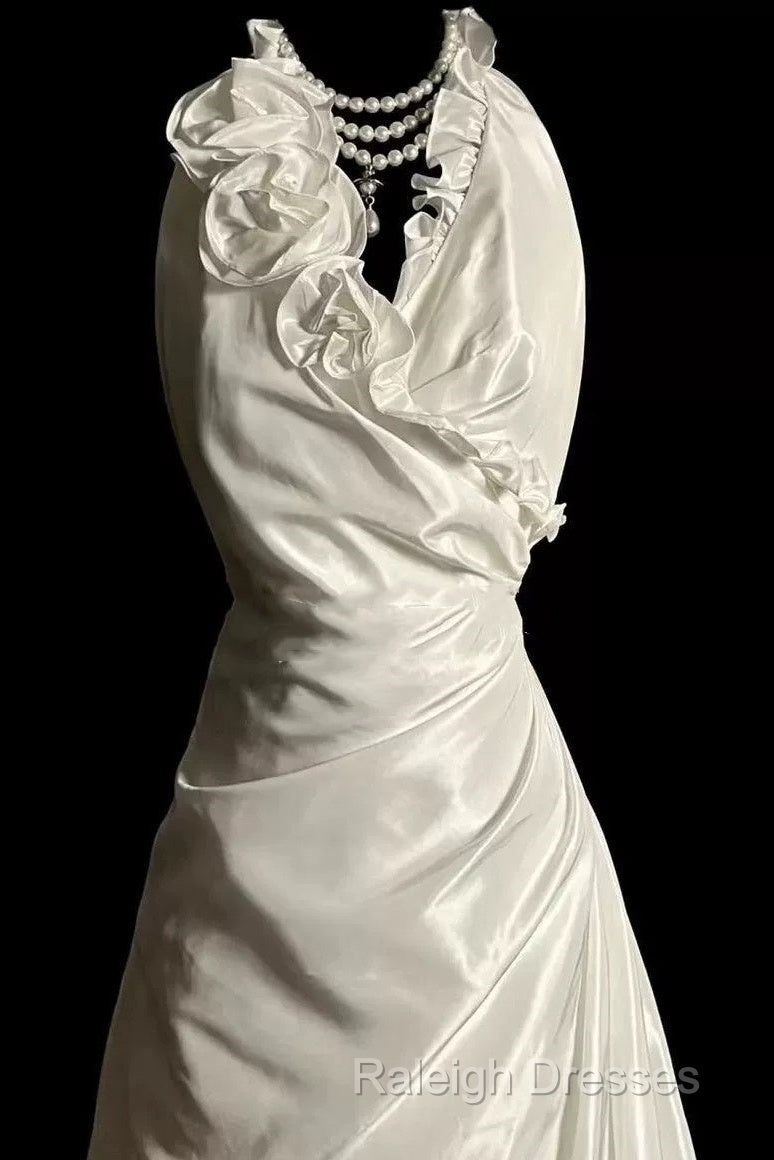 Classy A-Line Halter Satin Ivory Long Wedding Dresses Bridal Dress