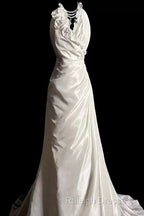 Classy A Line Halter Satin Ivory Long Wedding Dress Bridal Dresses
