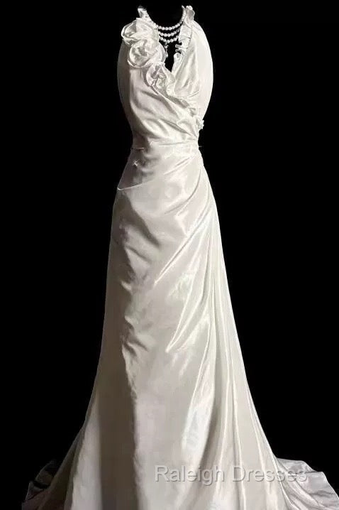 Classy A Line Halter Satin Ivory Long Wedding Dress Bridal Dresses