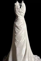 Classy A-Line Halter Satin Ivory Long Wedding Dresses Bridal Dress
