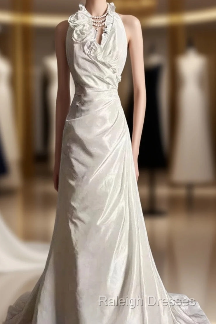 Classy A-Line Halter Satin Ivory Long Wedding Dresses Bridal Dress