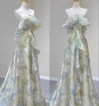 Classy A Line Off The Shoulder Halter Green Floral Long Party Dress Prom Dresses