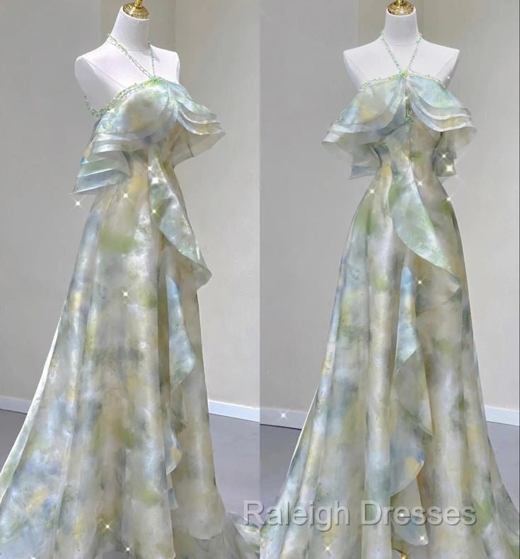 Classy A Line Off The Shoulder Halter Green Floral Long Party Dress Prom Dresses