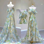 Classy A Line Off The Shoulder Halter Green Floral Long Party Dress Prom Dresses