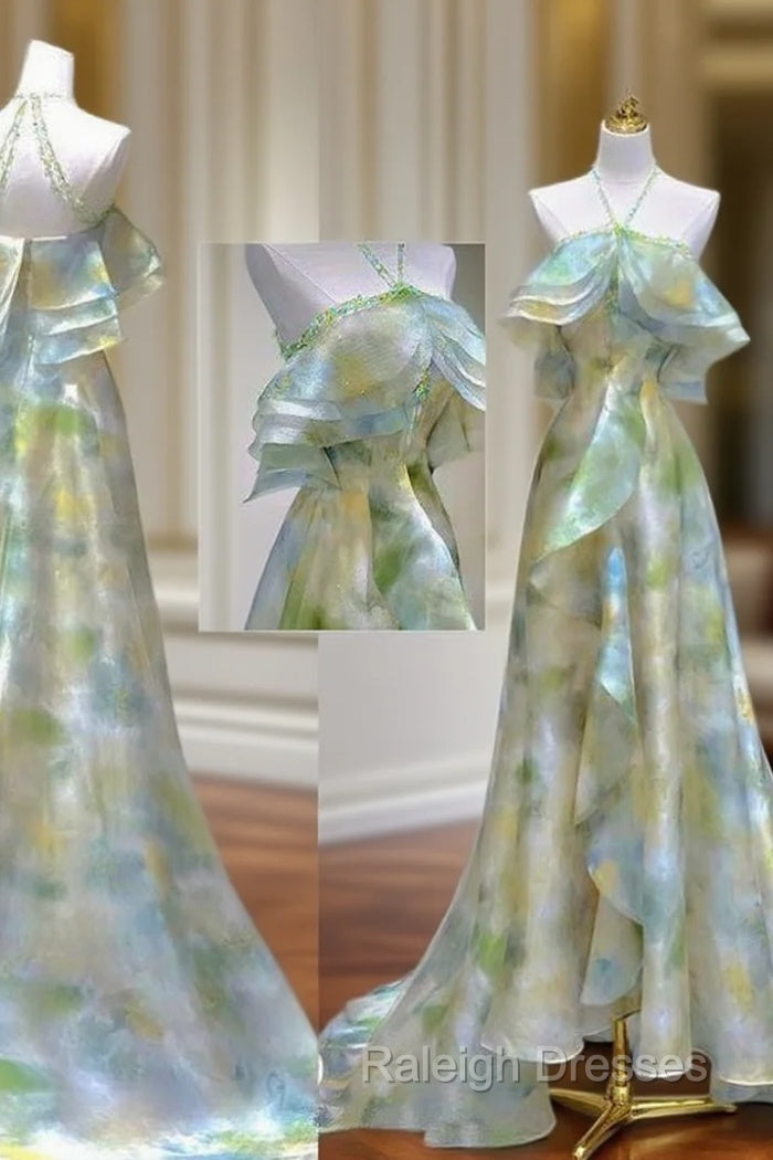 Classy A Line Off The Shoulder Halter Green Floral Long Party Dress Prom Dresses