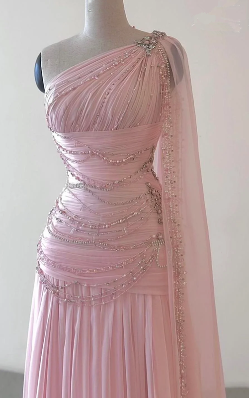 Classy A-Line One Shoulder Pink Chiffon Prom Gowns Prom Dress