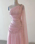 Classy A-Line One Shoulder Pink Chiffon Prom Gowns Prom Dress