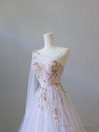 Classy A-Line One Shoulder Tulle Lace Long Prom Dresses