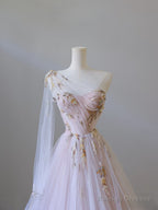 Classy A-Line One Shoulder Tulle Lace Long Prom Dresses