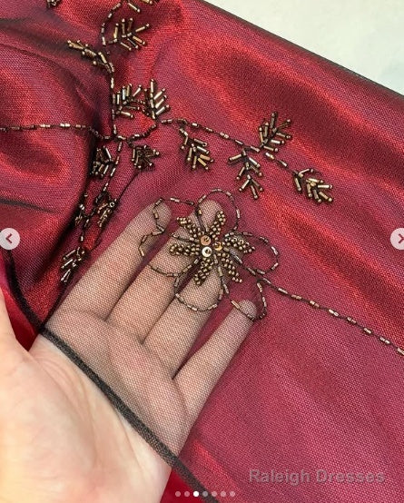 Classy A Line Spaghetti Straps Burgundy Beads Long Prom Dress Secondary image