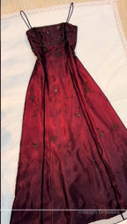 Classy A-Line Spaghetti Straps Burgundy Beads Long Prom Dresses