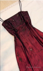 Classy A-Line Spaghetti Straps Burgundy Beads Long Prom Dresses
