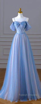 Classy A Line Spaghetti Straps Long Prom Dress Blue Prom Dresses