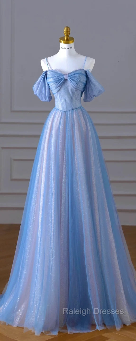 Classy A Line Spaghetti Straps Long Prom Dress Blue Prom Dresses