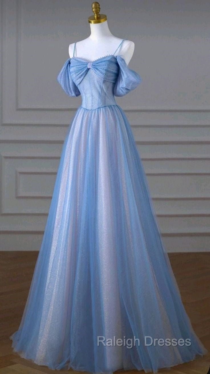Classy A Line Spaghetti Straps Long Prom Dress Blue Prom Dresses