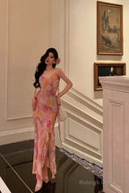 Classy A Line Spaghetti Straps Pink Chiffon Floral Prom Dresses Birthday Outfits Evening Gown