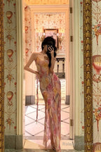 Classy A Line Spaghetti Straps Pink Chiffon Floral Prom Dresses Birthday Outfits Evening Gown