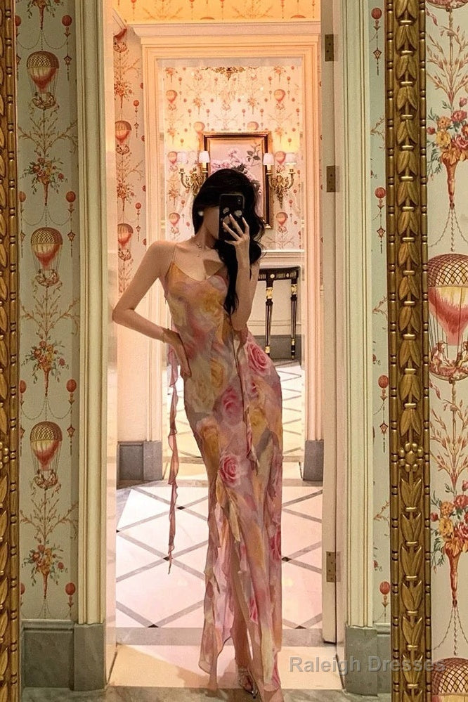 Classy A Line Spaghetti Straps Pink Chiffon Floral Prom Dresses Birthday Outfits Evening Gown